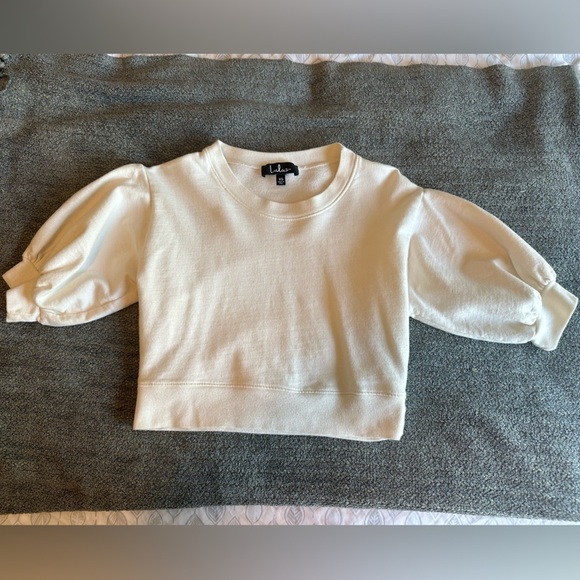 NWOT White Puff Sleeve Short Sleeve Cropped Sweatshirt - Picture 5 of 6